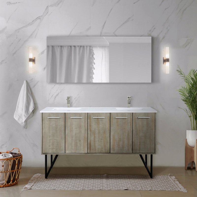 Meuble-lavabo double 60 po de largeur x 20 po de profondeur, comptoir en quartz blanc, Quartz blanc, 60"