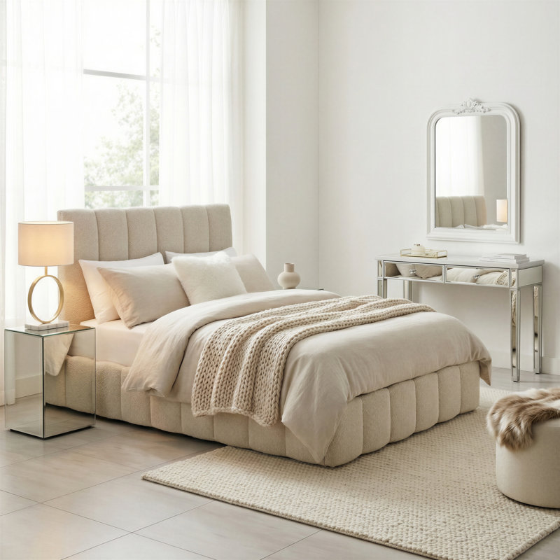 Rudasill Upholstered Ottoman Storage Bed Frame - Vertically Stitched Contemporary Headboard, Beige Boucle, Double
