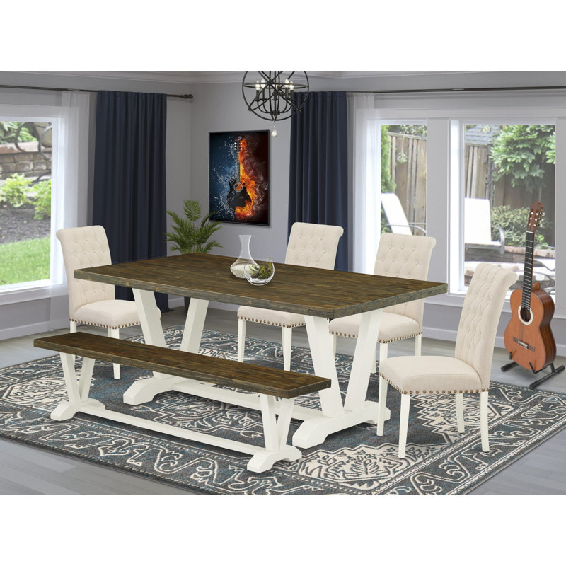 6-Piece Set Consists of a Distressed Jacobean Dining Room Table and a Wooden Bench and 4 Light Beige Linen Fabric Parson Chairs with Button Tufted Back - Wire Brushed Linen White
