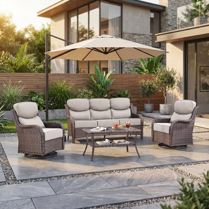 Ensemble de conversation de patio en osier pour 5 personnes avec chaises pivotantes et coussins de 6 po d'épaisseur Wickes Haven