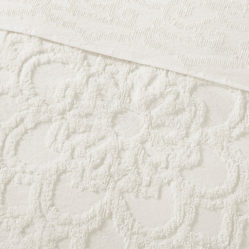 Mini ensemble de couvre-lit touffeté en coton et médaillon à franges, Blanc cassé