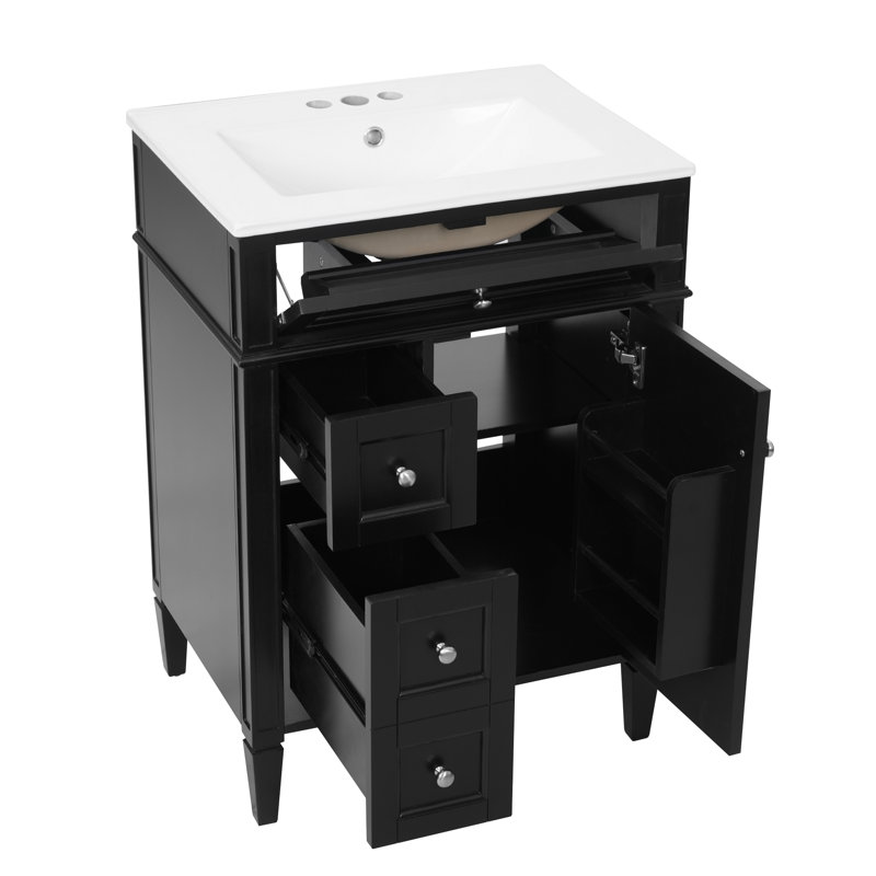 Meuble-lavabo 24 po Modern French Atelier avec comptoir en céramique, meuble-lavabo simple avec tiroir basculant, 2 tiroirs coulissants et armoire de rangement avec organisateur de porte, pieds en bois massif (disponible en noir, blanc, bleu et vert)