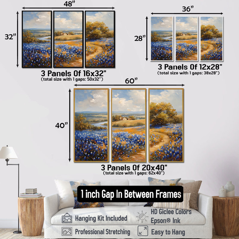 Ensemble de salon bleu et vert Meadow Blue Charm I - Blue Bonnets, White Floater Framed, H 28 po x l 36 po