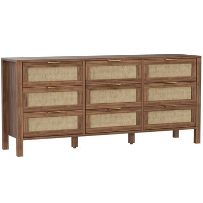 57.8" W 9 Drawer Dresser for Bedroom, Rattan Storage Dresser