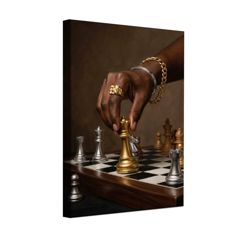 Abstrait main d'échecs dorée, pièces d'argent, H 36 po x l 24 po
