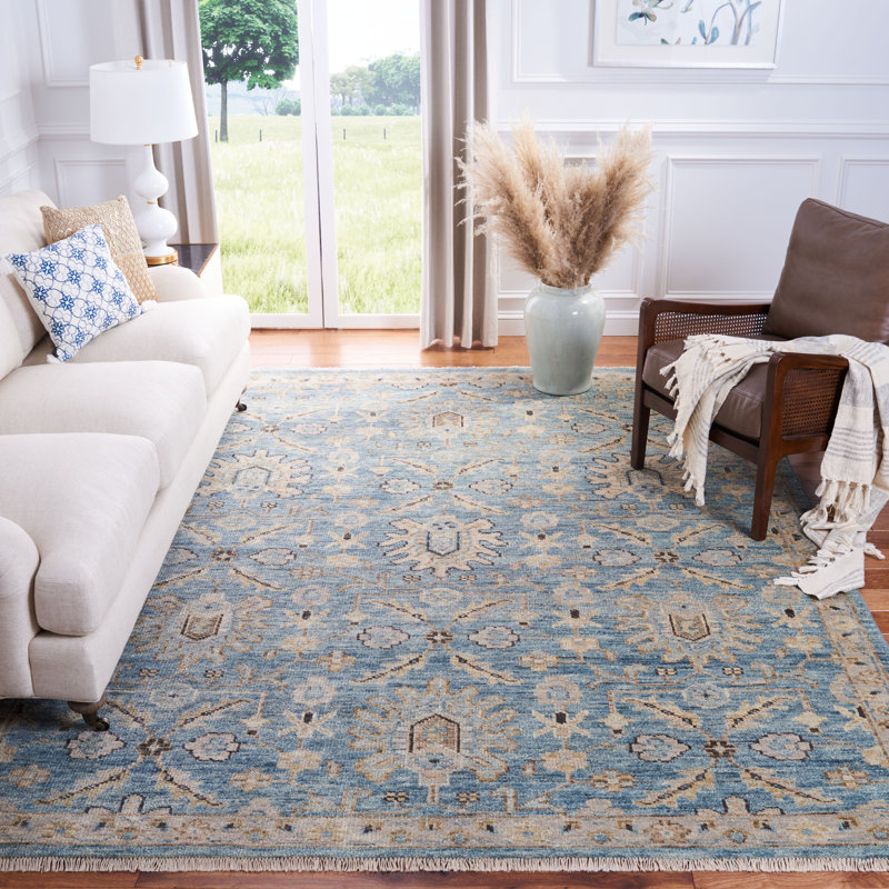 Oriental Hand-Knotted Blue / Beige Area Rug, Rectangle 8' x 10'