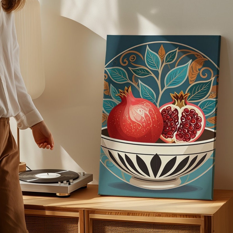 Toile, art populaire, grenade, bol, toile décorative, symétrique, fruits, illustration, art mural, prêt à accrocher, galerie, décoration intérieure