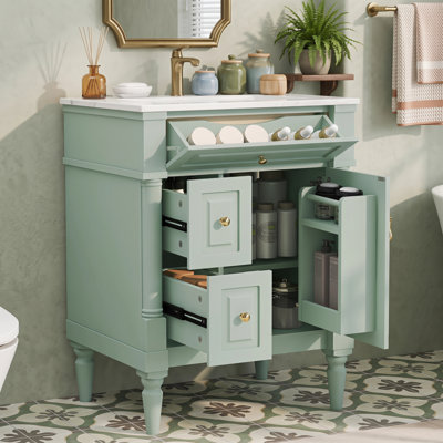 Armoire de salle de bain autoportante avec lavabo en céramique, tiroir rabattable et tablette réglable