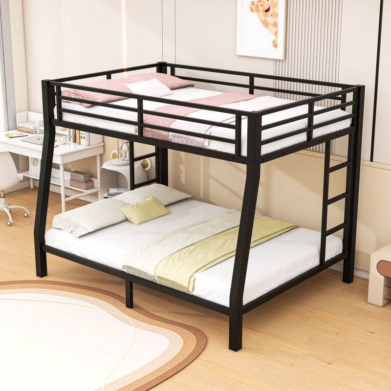 Metal Bunk Bed With Dual Side Ladders And Guardrail, Full XL Over Queen
