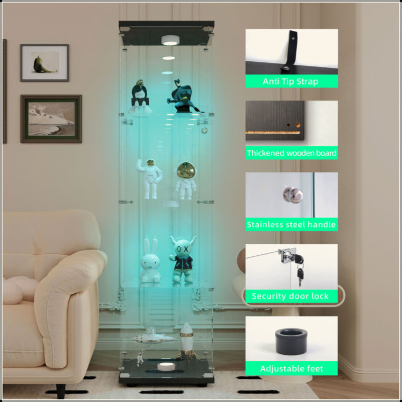 Tempered Glass Display Cabinet,Wine Cabinet,Storage Cabinet,File Cabinet,With  Battery-Powered Paipai  Light,Adjustable Floor Feet,Suitable For Uneven Ground,Can Be Placed Anywhere