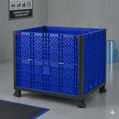Contenant de rangement en vrac pliable avec murs solides et portes d'accès; Capacité de charge de 600 lb; Empilable jusqu'à quatre unités de hauteur pour une capacité combinée de 2 000 lb; Bleu coloré