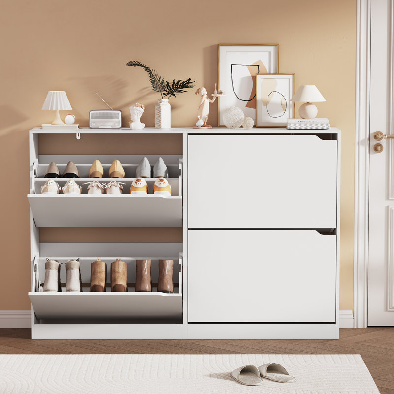 Shoe cabinet with four flip-top drawers and anti-tip design, suitable for entryway storage, White