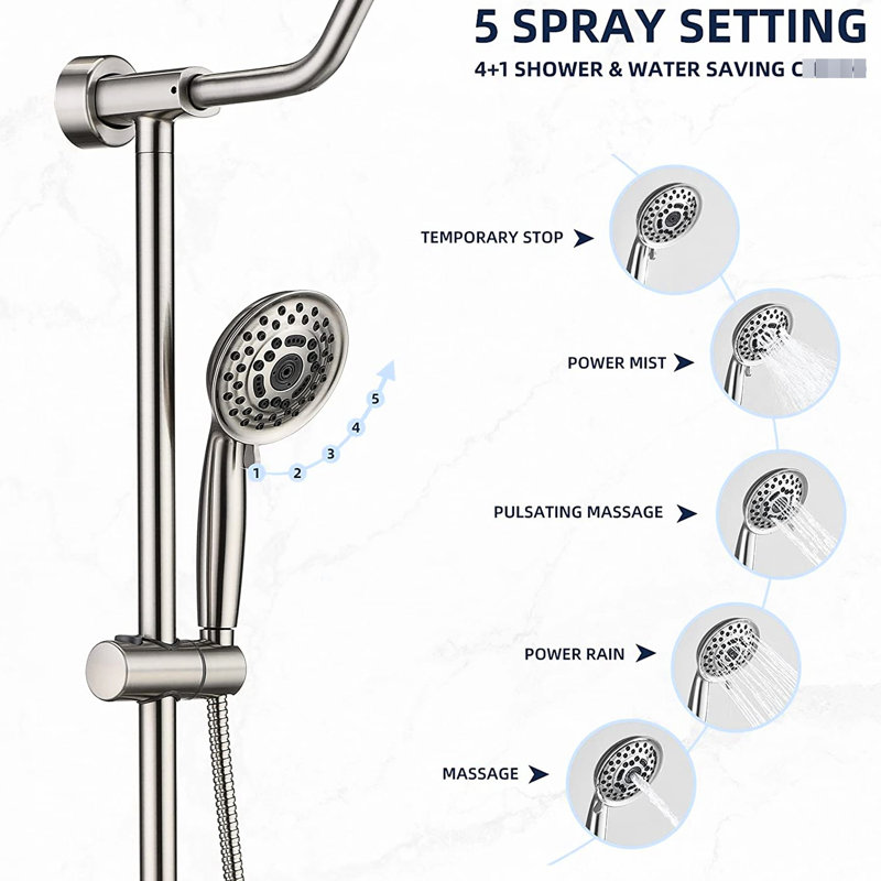 Shower With Rain Showerhead And 5 Handheld Shower, Rust-, Brushed Nickel Faucet 5 Spray Settings Hand Wall Mount Design, Stainless Steel,