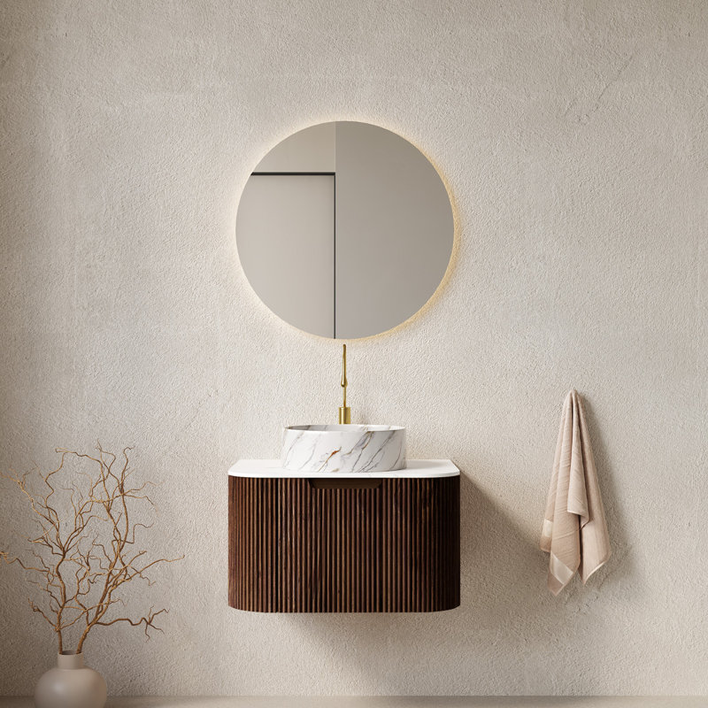 Meuble-lavabo de salle de bain mural avec lavabo, armoire de rangement flottante murale pré-assemblée, Noyer
