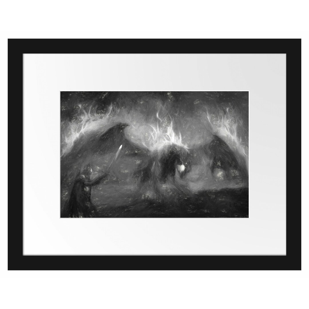 Gerahmtes Papierbild Ritter Drachen