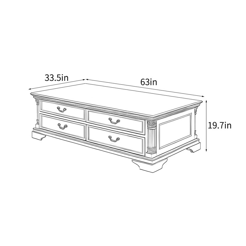 American-style retro luxury coffee table, 19.7" H x 63" L x 33.5" W