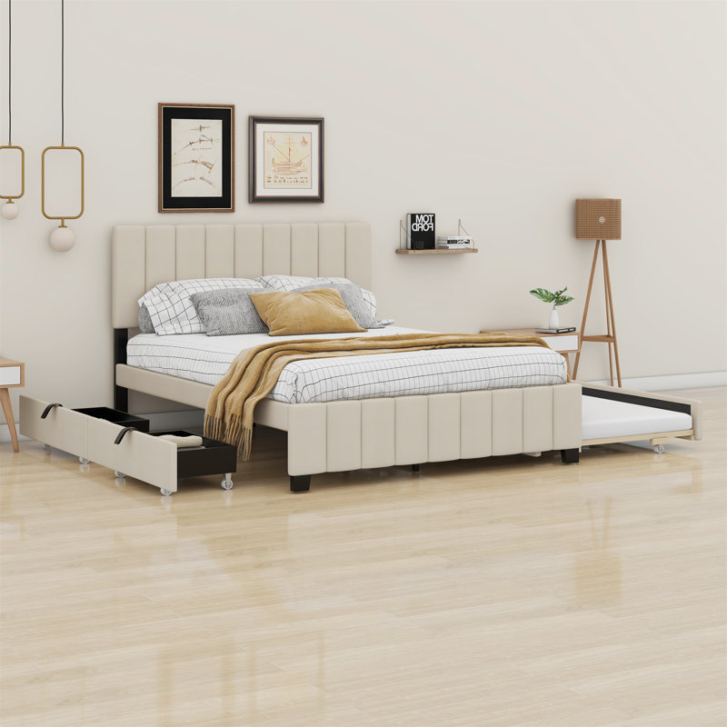 Lit plateforme tapissier avec tiroirs et lit gigogne, Beige