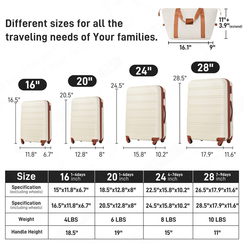 Valise Hardshell 4 pièces + valise à roulettes avec verrou TSA - Bagages légers de 16 po + 20 po + 24 po + 28 po
