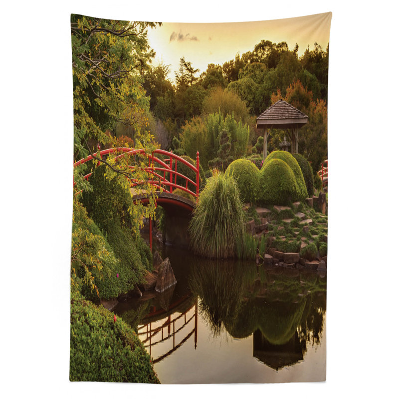 Ambesonne Japanese Tablecloth, Peaceful Garden In Twilight With Reflections In Water Red Bridge On Pond Sunset, Rectangular Table Cover For Dining Room Kitchen Decor, 60" X 84", Green Yellow