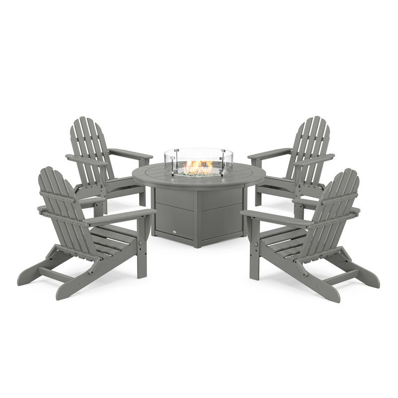 POLYWOOD Classic Folding Adirondack 6-Piece Conversation Set with Fire Pit Table, Slate Gray
