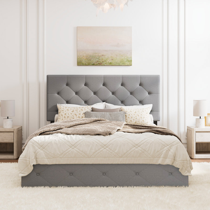 Storage Platform Bed with 4 Drawers and Adjustable Diamond Pattern Linen Headboard, Full / Double, Light Gray