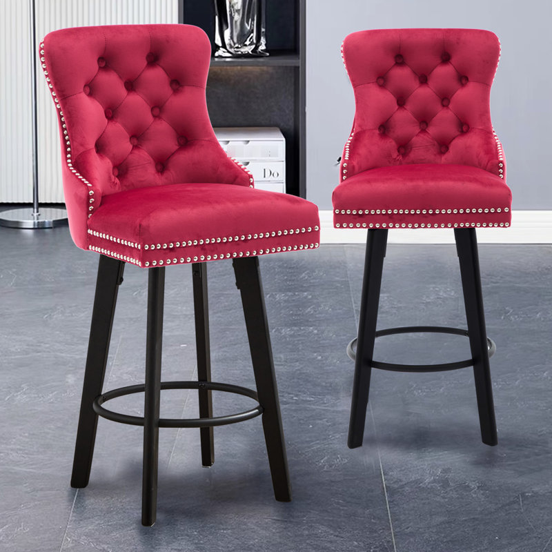 Chaises de bar pivotantes modernes en velours - bouton, pour îlot de cuisine rouge, et confortables