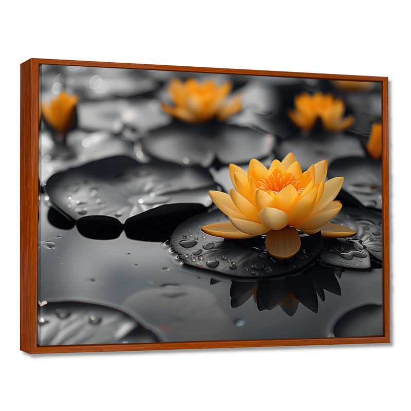 Photo de lotus glamour jaune et jaune, H 12 po x l 20 po, Cadre flottant brun