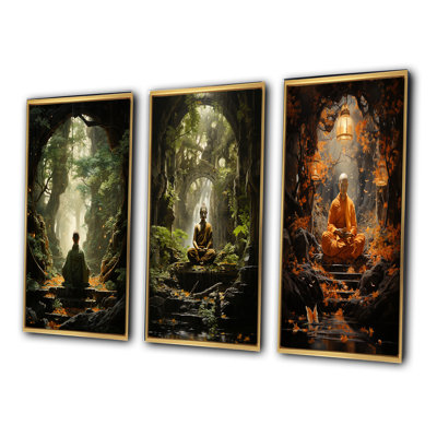 " Green Black Buddhist Art Buddhas Enlightenment " 3 - Pieces