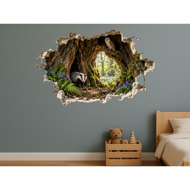 Tree Hollow 3D Wall Sticker, Peel and Stick Woodland Forest Decal with Badger and Owl for Nursery and Kids Room, 24"W x 16"H (61 x 41 cm)
