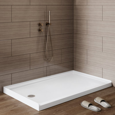 60" L x 36" W, acrylic shower pan with left drain, slip-resistant design; includes drain assembly