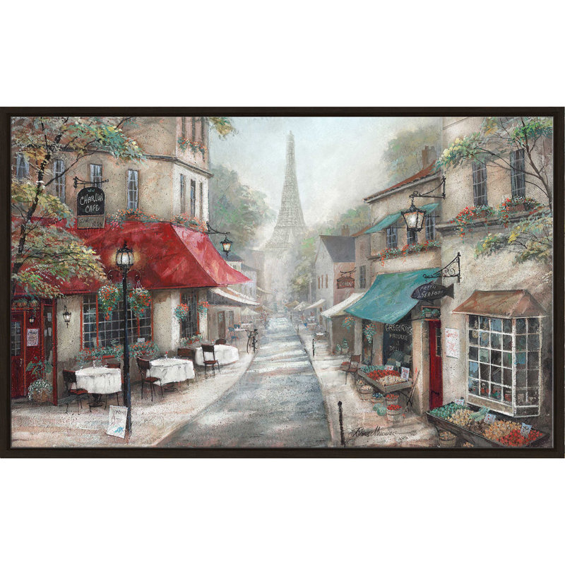 «Eiffel View From Charlie's Café» par - Peinture, Cadre flottant espresso, H 39,5 po x l 63,5 po x P 2 po