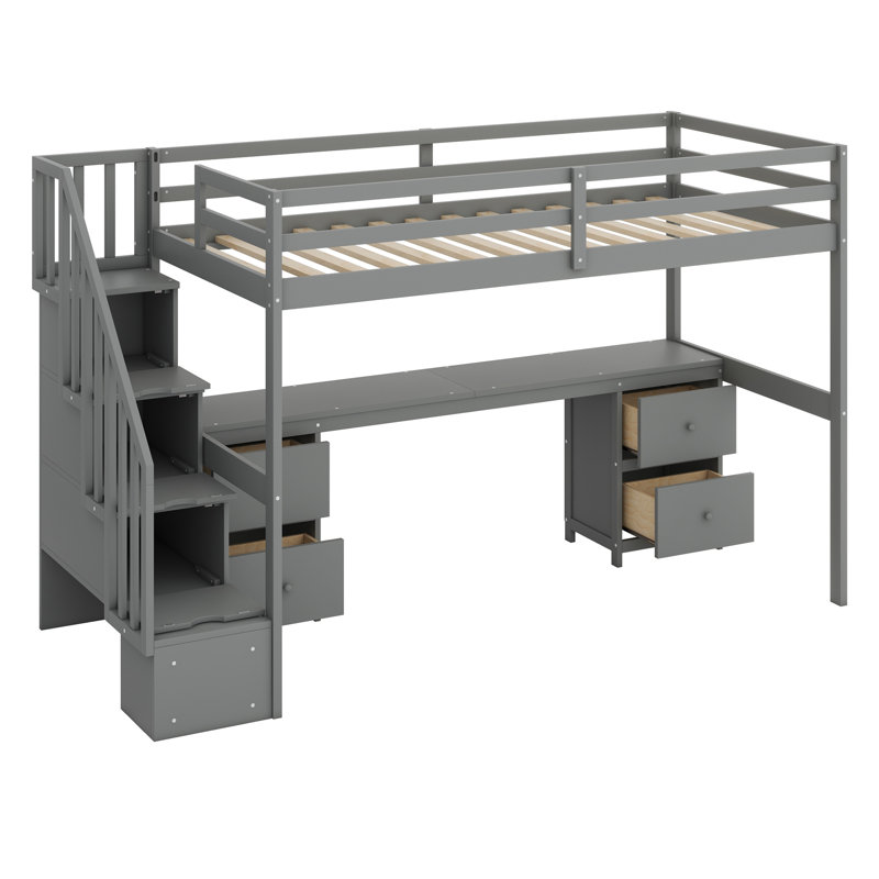 Jaxsten Twin Size Loft Bed Frame with Built-in Desk and Double Storage Drawers, Gray
