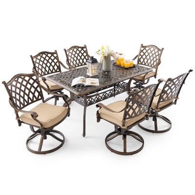 Ensemble de salle à manger d'extérieur 7 pièces en fonte d'aluminium pour 7 personnes comprenant une table de 59 po et 6 chaises pivotantes avec coussins plus épais et trou pour parasol