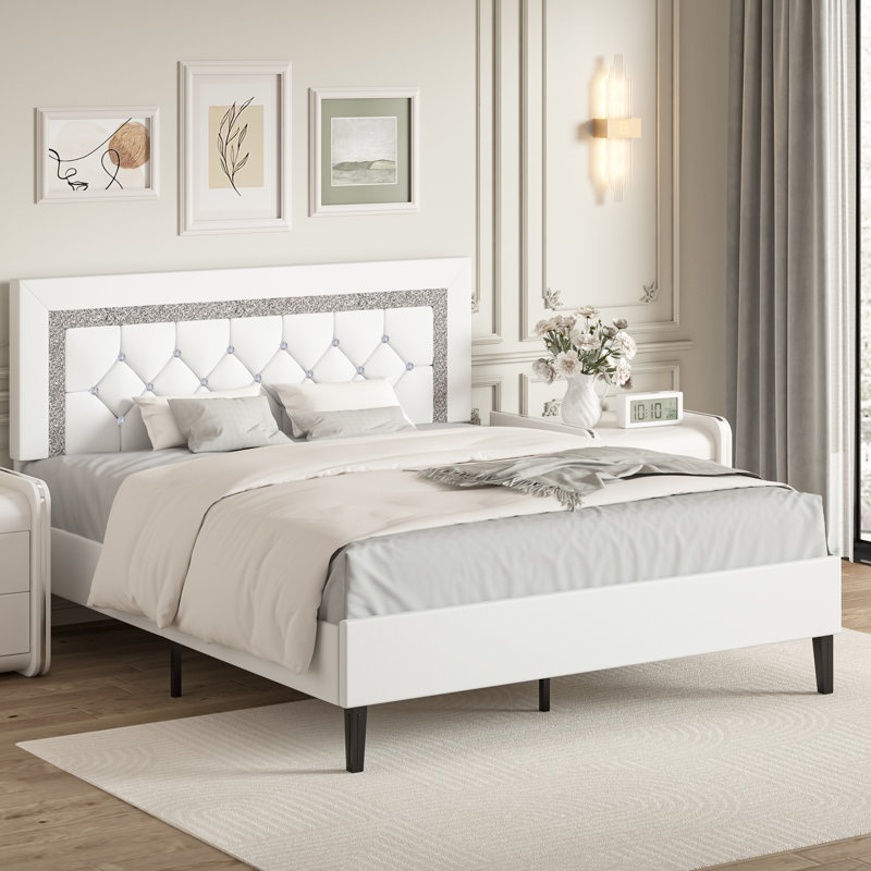 Alber Bed Frame with Tufted Button Headboard, Upholstered Platform Bed Frame with Diamond Design, Wood Slat Support, No Box Spring Needed, Easy Assembly