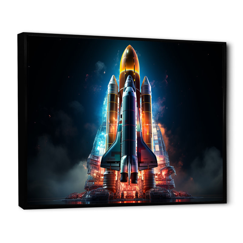 Lancement de la Navette Spatiale Blastoff III sur toile, H 24 po x l 32 po x P 1 po, Cadre flottant noir