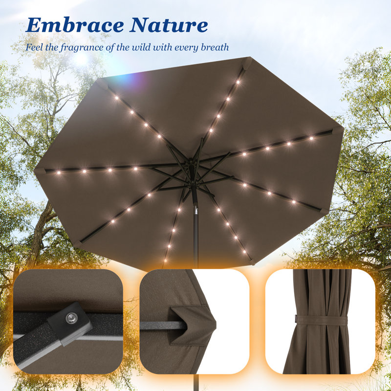 Parasol de marché 9 pi avec lumières DEL, cadre de table résistant aux intempéries, Taupe