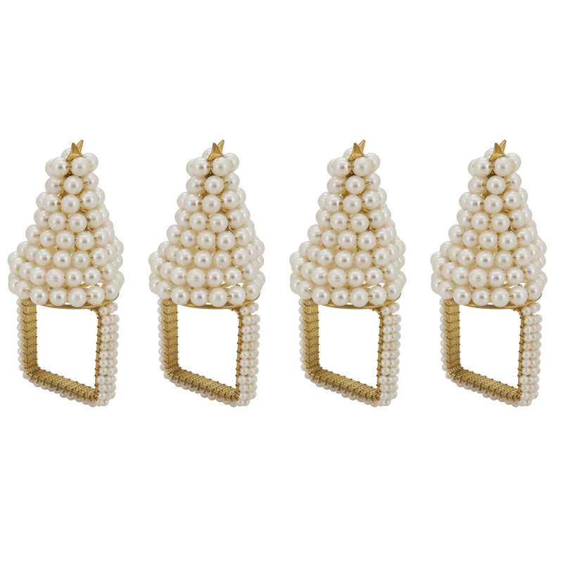 Ivory Pearl Christmas Tree Napkin Rings Set of 4
