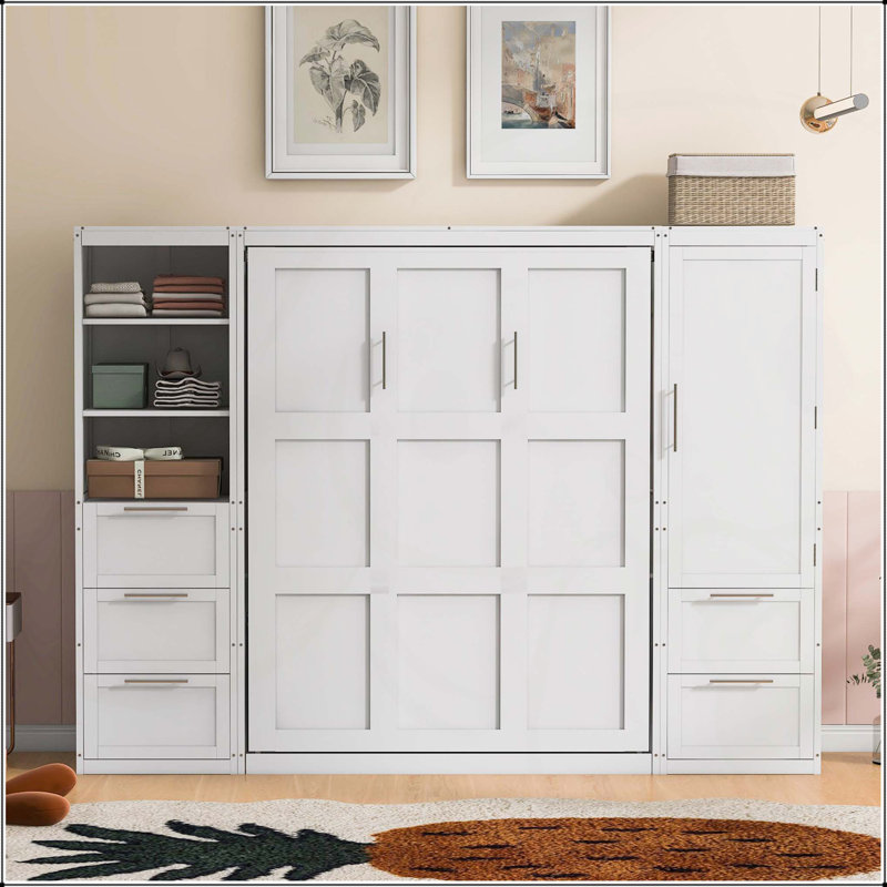 Grand lit escamotable mural avec placard, Blanc