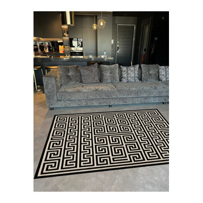 Black Beige Geometric Woven Base Washable Rug