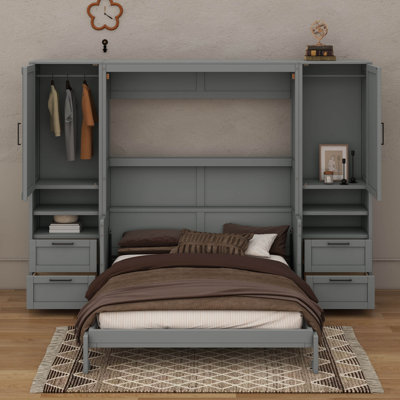 Grand lit escamotable mural grand format - placard, tiroirs de rangement et tablettes inclus
