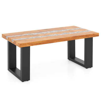 Hommoo Teak Wood Patio Table with River Epoxy Resin Tabletop, 40" x 20" Indoor/Outdoor Coffee or Side Table, Natural