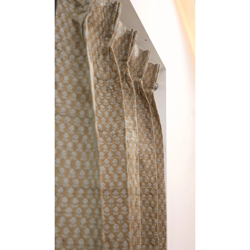 Fabdivine Handmade Block Print Floral Curtains 27X108" – Soft Boho Linen Drapes, Pinch Pleated, Blackout, Room Darkening, Home & Office Décor, Tarangini, Light Brown