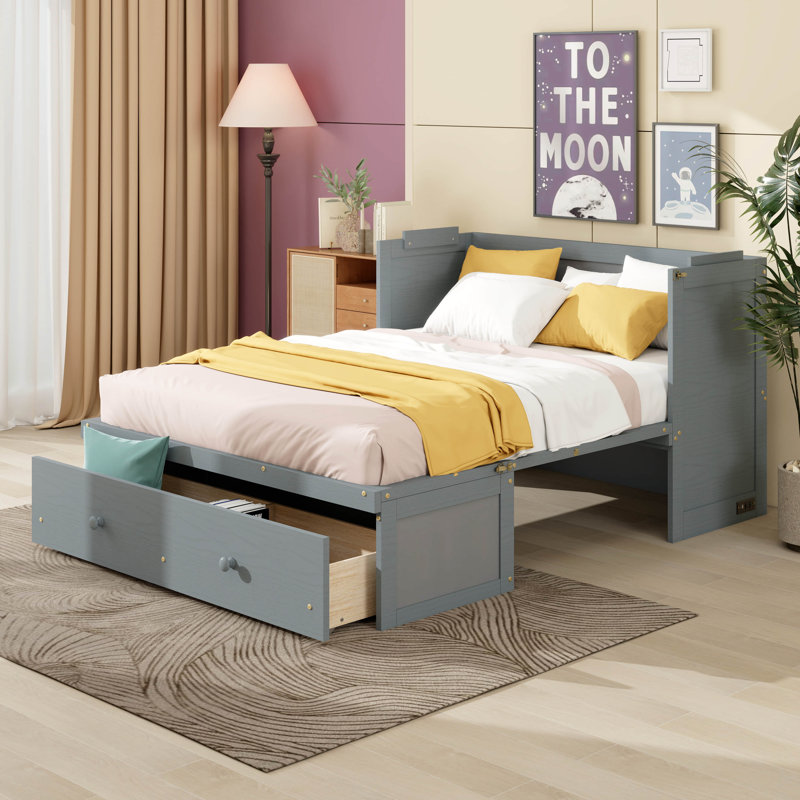 Armoire murale Murphy, commode murale en pin massif avec port USB, station de charge et grand tiroir de rangement, gris