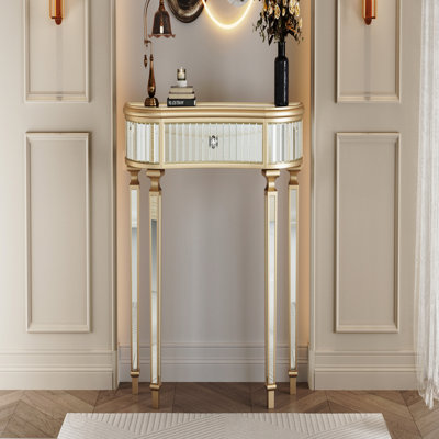 47" Half-Moon Mirrored Console Table, Fluted Glass for Bedroom - Gold/Silver