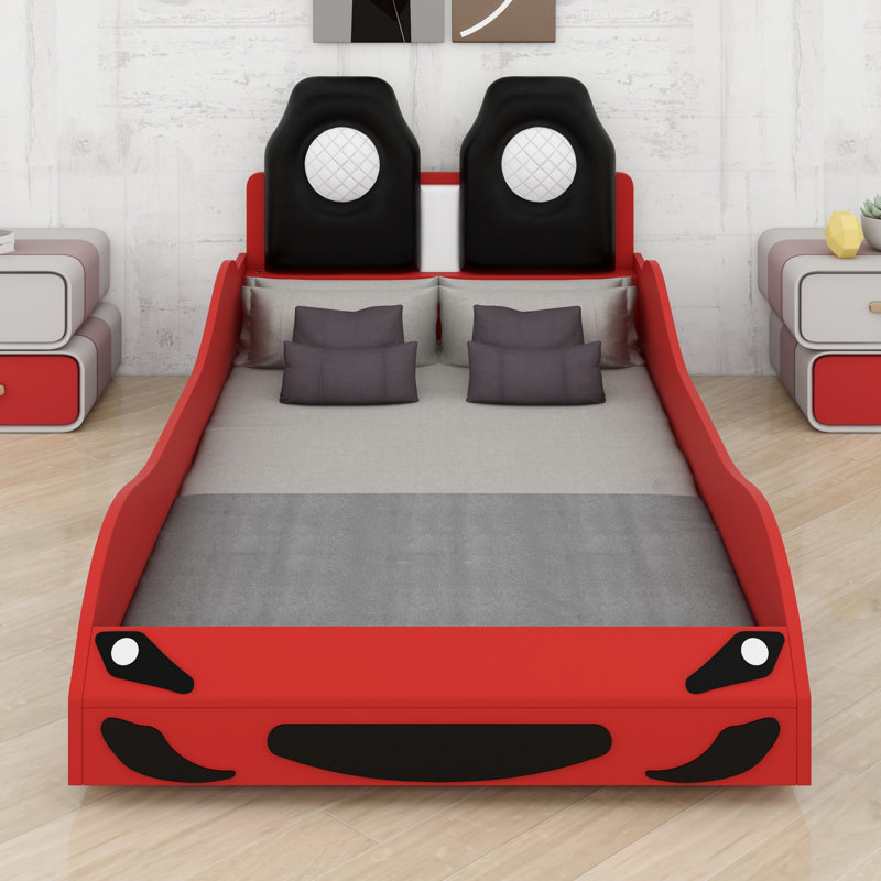 Platform Bed with Comfortable Upholstered Backrest, Red