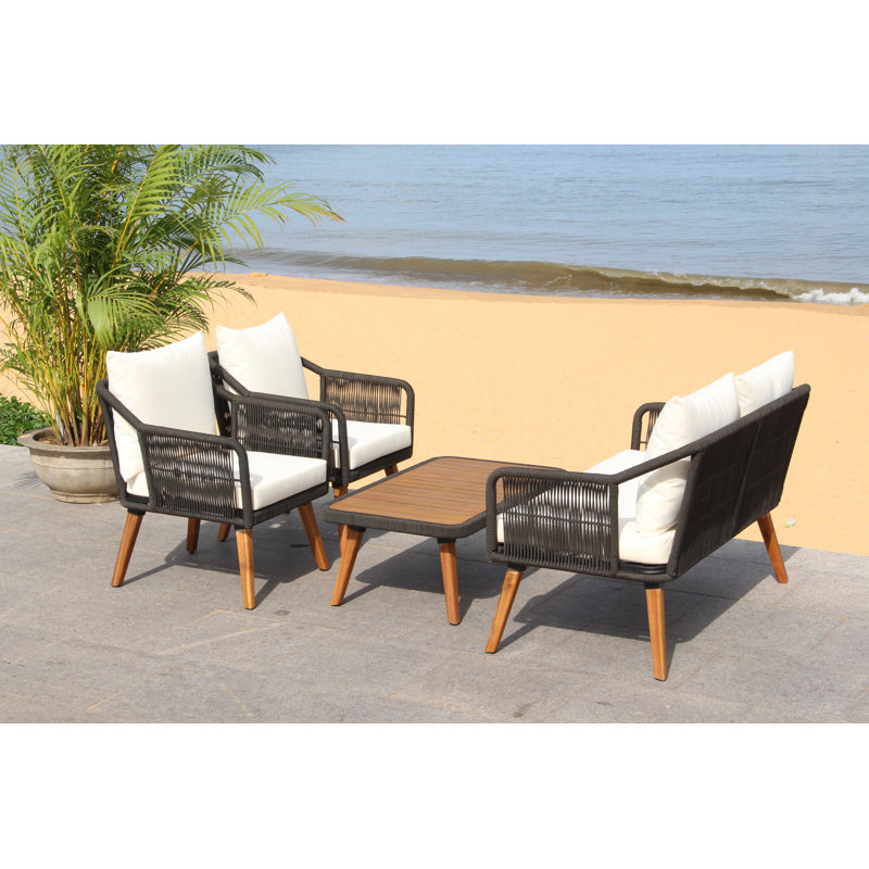 4 Piece Sofa Seating Group with Cushions, Black Frame/BeigeCushion