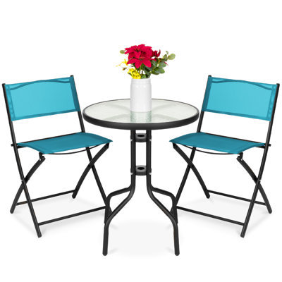  3-Piece Patio Bistro Dining Furniture Set W/ Glass Tabletop, Folding Chairs