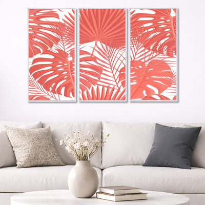 " Tropical Retro Foliage Coral I " 3 - Pieces