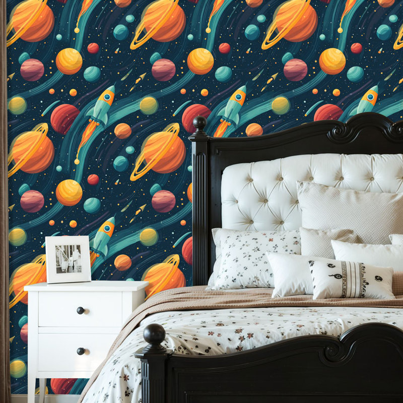 Papier peint adhésif pour enfants, papier contact coloré, espace, fusées, planètes, étoiles, auto-adhésif et amovible 24 po x 118 po (60 x 300 cm)
