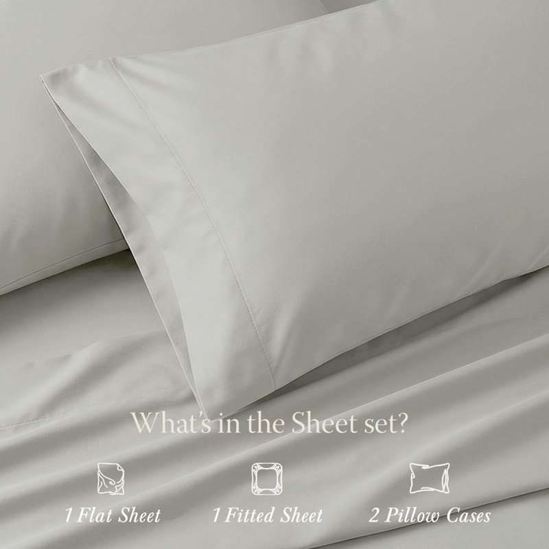 Ensemble de draps 100% coton Supima 1000 fils Threadmill, Gris clair, Ensemble de draps pour grand lit avec 2 taies d'or